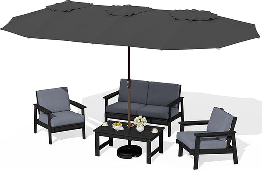 SERWALL HDPE Patio Furniture Set with 15FT Double Side Patio Umbrella, All Weather Wood-Like Outdoor Sofa Sectional Couch, Black Patio Furniture with Grey Cushions