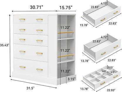 Closet Island with Open Shelves, Modern Glass Top Dresser with LED Lights, Tall Chest of Drawers with Jewelry Organizer for Bedroom,Living Room, Bedroom, Hallway, Entryway, White