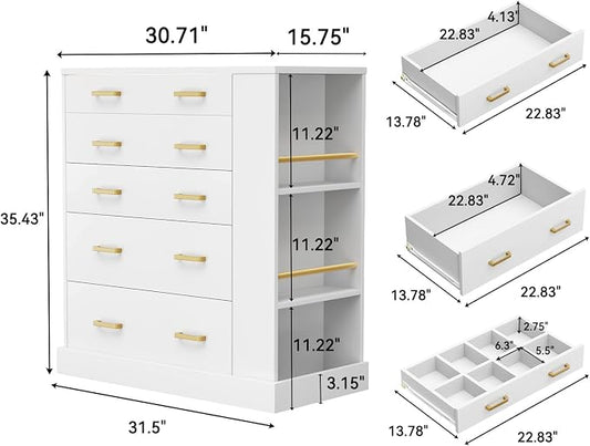Closet Island with Open Shelves, Modern Glass Top Dresser with LED Lights, Tall Chest of Drawers with Jewelry Organizer for Bedroom,Living Room, Bedroom, Hallway, Entryway, White