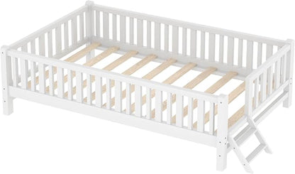 Merax Wood Twin Size Platform Bed with Guardrail, Kids Bed Frame with Stairs, White