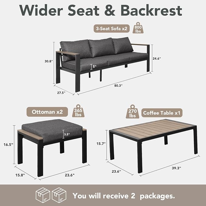 Patio Furniture Set 8 Seats and Coffee Table, Patio Conversation Set with Washable Thick Cushions, Deluxe Aluminum Modern Outside Sectional for Porch, Balcony, Deck, Yard, Dark Gray