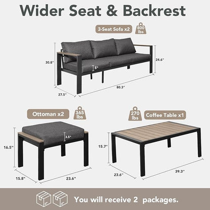 Patio Furniture Set 8 Seats and Coffee Table, Patio Conversation Set with Washable Thick Cushions, Deluxe Aluminum Modern Outside Sectional for Porch, Balcony, Deck, Yard, Dark Gray
