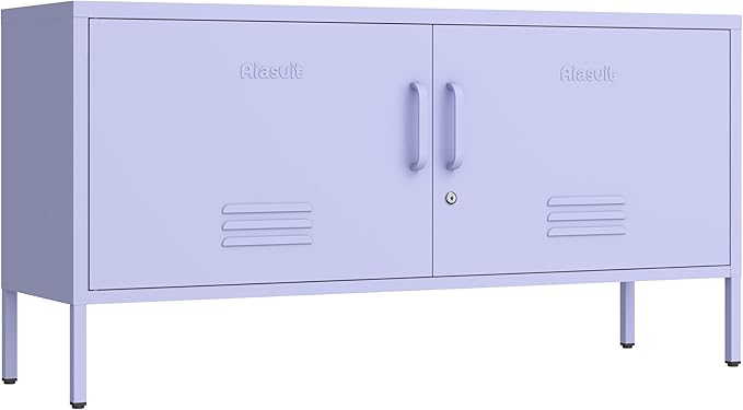 Wide Lockable Metal TV Stand with Accent Cabinet Locker, Heavy Duty Entertainment Center for Bedroom, Adjustable Shelves & 2 Doors, Multifunctional Storage Cabinet for Home 22"H X 35.4"W X 13.8"D