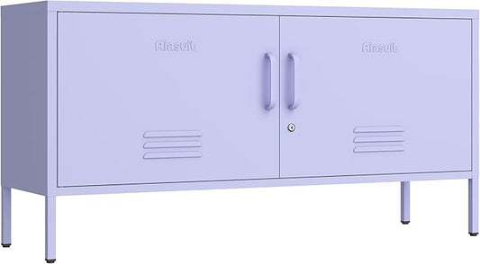 Wide Lockable Metal TV Stand with Accent Cabinet Locker, Heavy Duty Entertainment Center for Bedroom, Adjustable Shelves & 2 Doors, Multifunctional Storage Cabinet for Home 22"H X 35.4"W X 13.8"D
