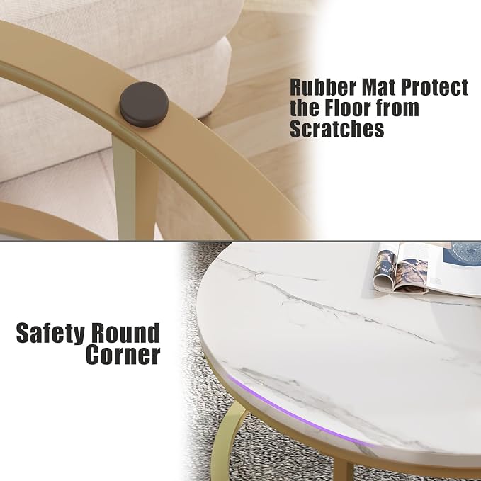 WiberWi Round Coffee Table Nesting Tables Set of 2, Large : Ø 34.0", Small : Ø 26.0", Modern Design Coffee Tables for Living Room, Gold Metal Frame Circle Cocktail Table, High Glossy Faux White Marble