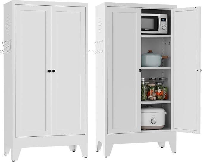 48" H White Steel Pantry Storage Cabinet with 3 Adjustable Shelves | 4-Tier Tall Metal Cabinets for Kitchen, Living Room, Garage, Heavy Duty Freestanding Utility Cabinet, Assembly Required