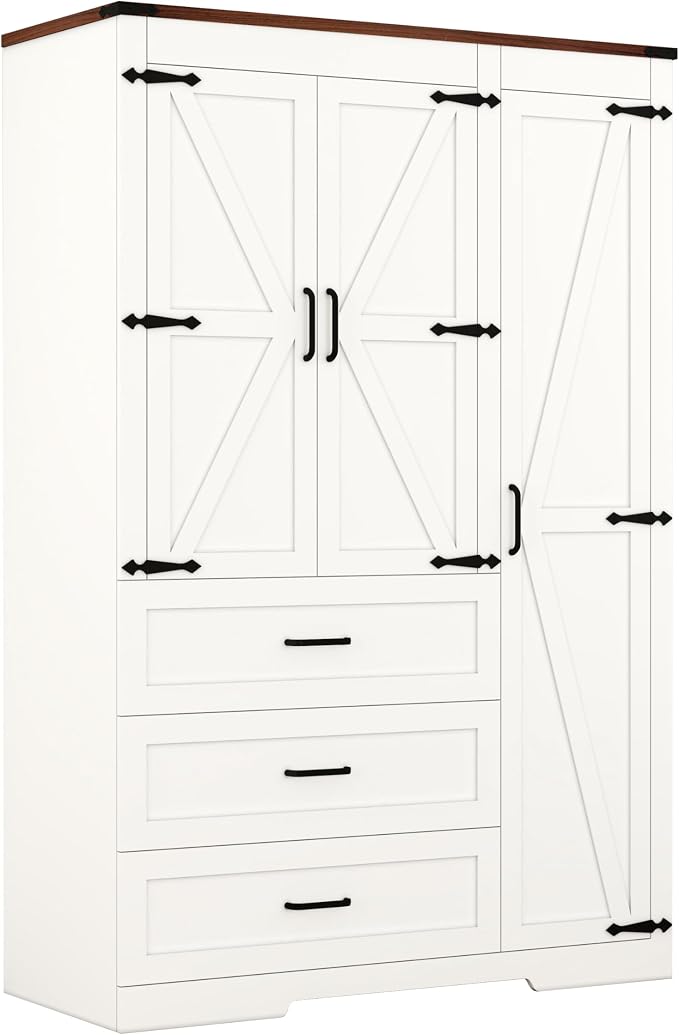 3 Door Armoire Wardrobe Closet Cabinet with 3 Drawers and Drawers, Farmhouse Bedroom Armoire with Hanging Rod and Adjustable Shelves, Large Capacity Storage Wardrobe Armoire for Bedroom, White