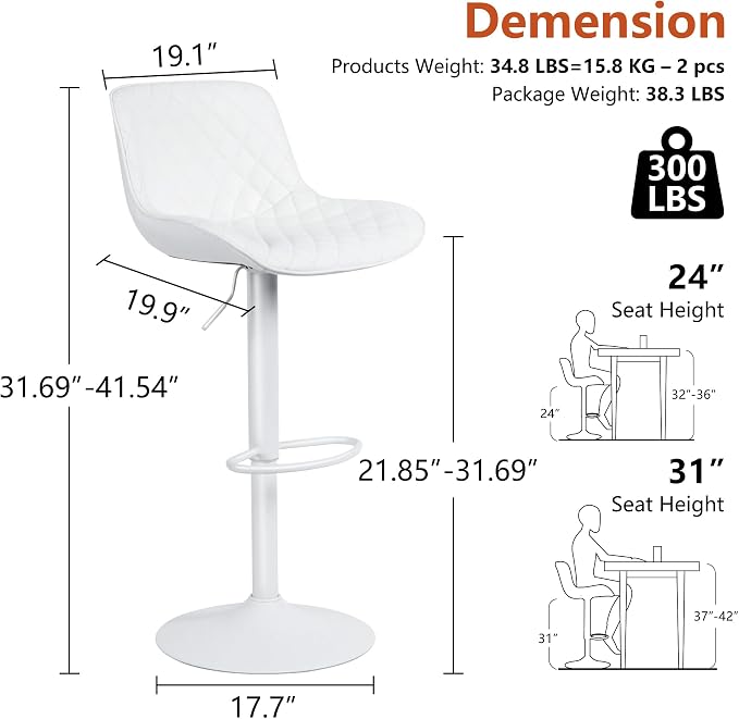 YOUTASTE All White Bar Stools Set of 2, Upholstered Counter Height Bar Stool, Adjustable Swivel Faux Leather Barstools, with Padded Back, Metal Base, Kitchen Chairs for Home Island