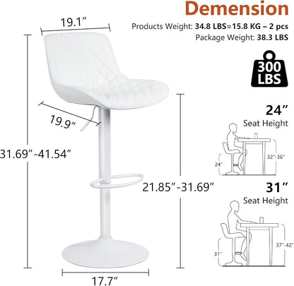 YOUTASTE All White Bar Stools Set of 2, Upholstered Counter Height Bar Stool, Adjustable Swivel Faux Leather Barstools, with Padded Back, Metal Base, Kitchen Chairs for Home Island