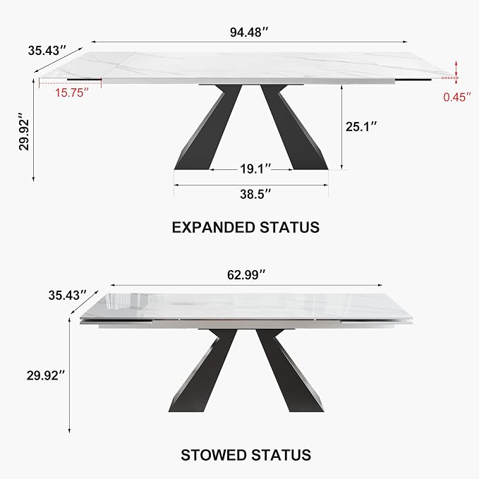 Modern Telescoping Dining Table for 8-10 People, 63-94.5 Inch Retractable White Simulated Marble Tabletop Thick Carbon Steel Base for Dining Room Kitchen Family Party