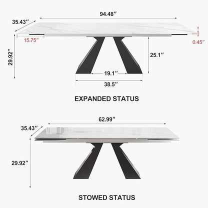 Modern Telescoping Dining Table for 8-10 People, 63-94.5 Inch Retractable White Simulated Marble Tabletop Thick Carbon Steel Base for Dining Room Kitchen Family Party