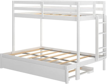 Grain & Grove Bear Twin Over Full Bunk Bed with Storage Drawers, Sturdy Bunk Bed Frame for Kids, Plywood Bunk with Ladder, Guardrail, and Slats, No Box Spring Required, Brushed White