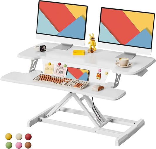 JOY worker Standing Desk Converter, 35" Height Adjustable Sit Stand Up Desk Riser with Keyboard Tray & 6 Fridge Magnets, Desktop Workstation Riser for Home Office Computer Laptop, White