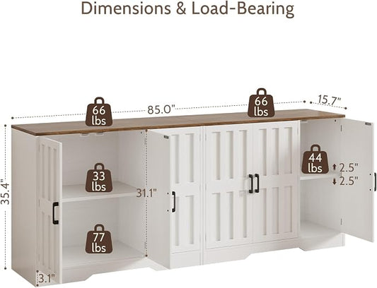 Modern Farmhouse Buffet Cabinet with Storage, 85" Large Sideboard Storage Cabinet with 6 Barn Doors, Coffee Liquor Bar Cabinet Wood Table Credenza with Adjustable Shelf for Kitchen Dining Living Room