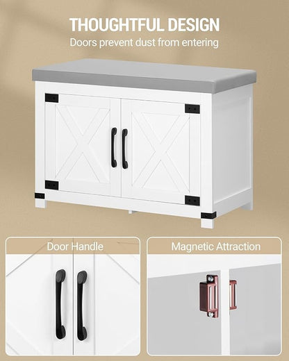 Hzuaneri Shoe Storage Bench, 2 Tier Shoe Bench with Padded Seat Cushion & 2 Barn Doors, Entryway Bench with Adjustable Shelf, Farmhouse Shoe Cabinet for Living Room, Bedroom, White SB26203GY
