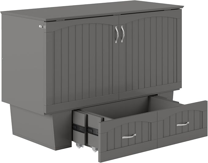 AFI, Nantucket Full Size Murphy Bed Chest with Mattress, Storage Drawer and Built-in USB Charger, Grey