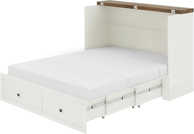 LUXOAK Queen Murphy Bed with 6" Tri-Fold Memory Foam Mattress, Storage Drawer & Charging Station, Space-Saving Design for Home Office or Guest Room, White