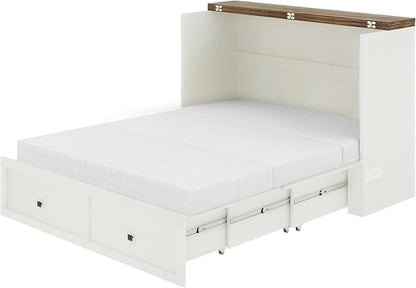 LUXOAK Queen Murphy Bed with 6" Tri-Fold Memory Foam Mattress, Storage Drawer & Charging Station, Space-Saving Design for Home Office or Guest Room, White