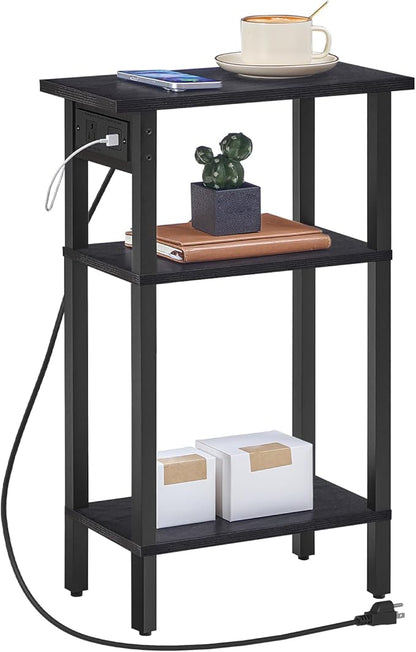 HOOBRO Narrow Side Table, 3-Tier Slim End Table with Charging Station, Skinny Nightstand with Open Storage, for Small Spaces, Living Room, Bedroom, Study, Rustic Brown and Black BB340UBZ01