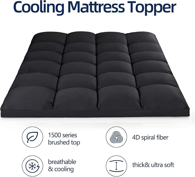 Mattress Topper King for Back Pain, Extra Thick Mattress Pad Cover, Plush Pillow Top, Deep Elastic Pocket, Black