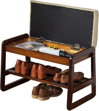 latifolia Solid Wood Bench, Entryway Shoe Bench with Cushion, Flip-Open Storage Compartment, 2-Tier Shoe Organizer(Grey,21.65''L)