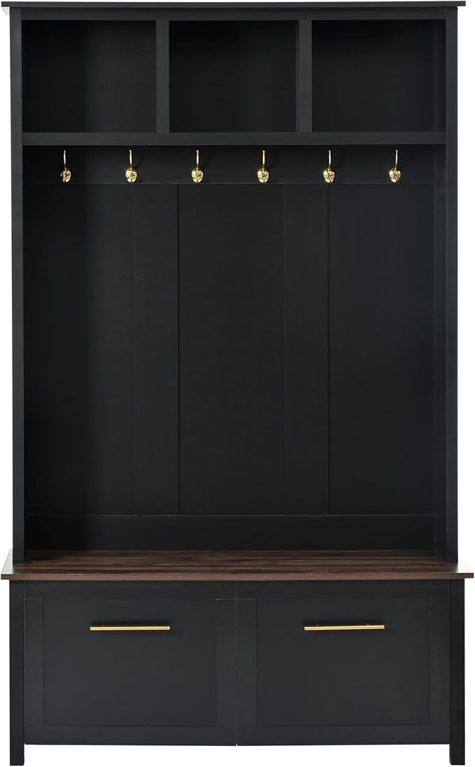 Merax 4-in-1 Hall Tree with Bench, Modern Versatile Multiple Storage Space with 6 Golden Hooks, 2 Drawers, Entryway Coat Rack for Living Room, Hallway, Black