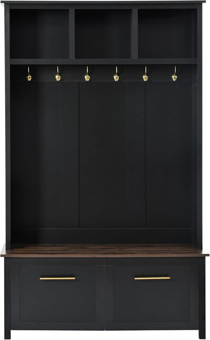Merax 4-in-1 Hall Tree with Bench, Modern Versatile Multiple Storage Space with 6 Golden Hooks, 2 Drawers, Entryway Coat Rack for Living Room, Hallway, Black