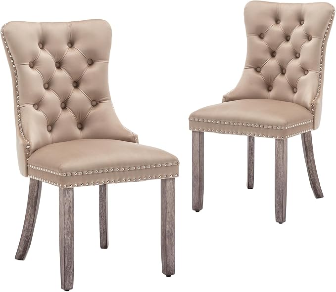 Hixkol Velvet Dining Chairs Set of 2,Upholstered Dining Chairs with Ring Pull Trim and Button Back,Modern Seating for Kitchen, Bedroom & Living Room(Khaki)