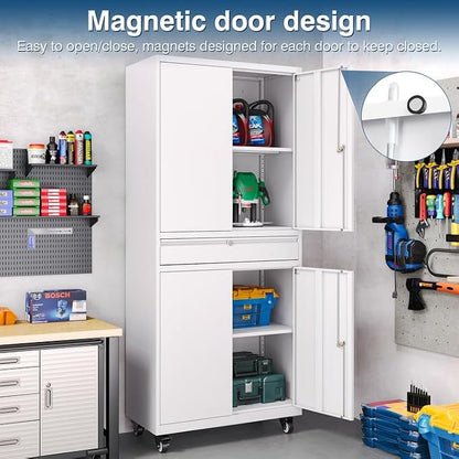 White Metal Storage Cabinet with Wheels, 73" Tall Garage Rolling Storage Cabinets with Doors and Shelves, Lockable Tool Caninet Steel Locking Cabnets for Home Office, Garage, Pantry