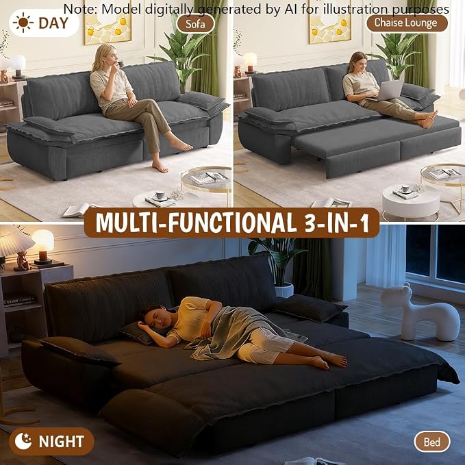 73.2" Sleeper Sofa Bed Queen Size, 3-in-1 Convertible Couch, Modern Pull Out Couches, Comfy Corduroy Futon Sofa, Cloud Loveseat Lounge, Pillow Arm, for Living Room, Apartment, Dark Grey