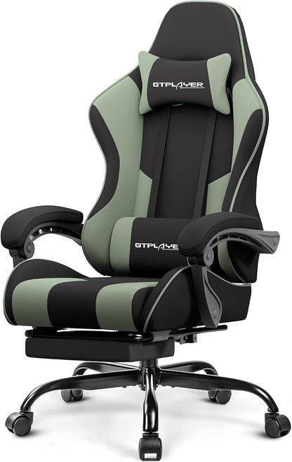 GTPLAYER Gaming Chair, Computer Chair with Footrest and Lumbar Support, Height Adjustable Game Chair with 360°-Swivel Seat and Headrest and for Office or Gaming (Green, Fabric)