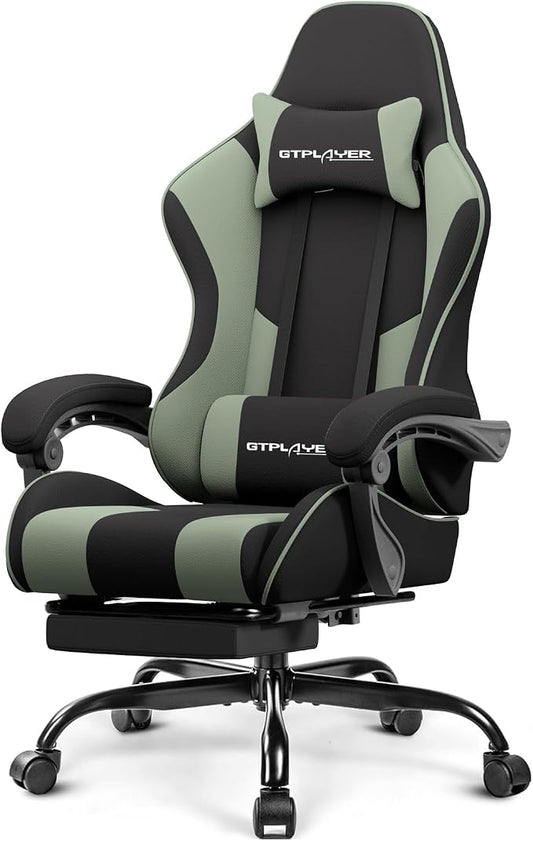 GTPLAYER Gaming Chair, Computer Chair with Footrest and Lumbar Support, Height Adjustable Game Chair with 360°-Swivel Seat and Headrest and for Office or Gaming (Green, Fabric)