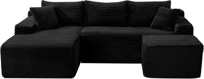 106-Inch Oversized U-Shaped Left Facing Corner Compressed Sofa Modular Boneless Cloud Sectional Sofa Floor Foam Couch W/Chaise & Ottoman, Corduroy Corner Boneless Cloud Couch