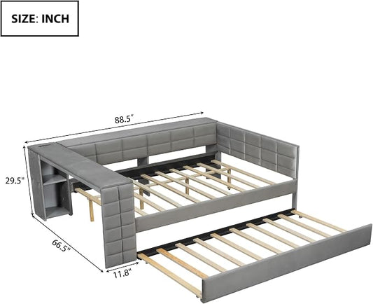 Bellemave Full Corner Bed Frame with Trundle and Storage Shelves and Desk, Wood Full Size Upholstered Daybed with Trundle and Charging Station, Gray