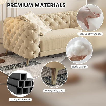97.7'' Pull Out Sofa Bed King, Chesterfield Velvet Sleeper Sofa, Convertible L-Shaped Futon Couch, Tufted Back, Ottoman, Deep Seat Loveseat Couches for Living Room, Apartment, Honey Beige