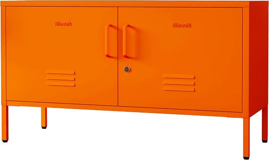Wide Lockable Metal TV Stand with Accent Cabinet Locker, Heavy Duty Entertainment Center for Bedroom, Adjustable Shelves & 2 Doors, Multifunctional Storage Cabinet for Home 22"H X 35.4"W X 13.8"D