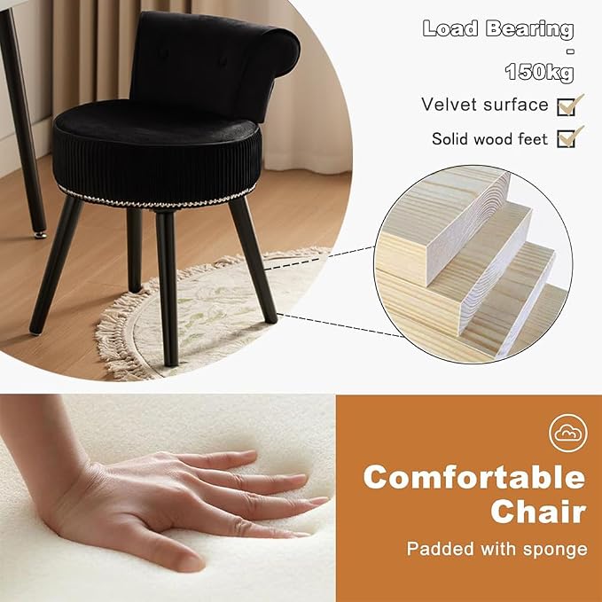 Small Vanity Chair with Back, Velvet Stool with Low Backrest & Silvery Nailhead Trim, Round Vanity Seat for Bedroom and Bathroom Makeup, Support 220lbs, Easy Assembly (Black)