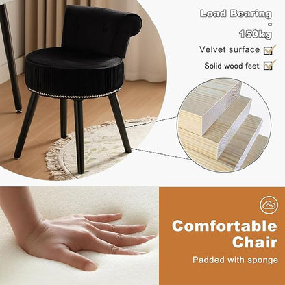 Small Vanity Chair with Back, Velvet Stool with Low Backrest & Silvery Nailhead Trim, Round Vanity Seat for Bedroom and Bathroom Makeup, Support 220lbs, Easy Assembly (Black)