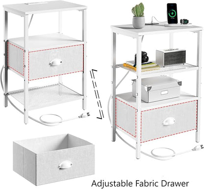 sthmec Nightstands with Charging Station, LED Bedside Tables with Charging Station and Fabric Drawer, Night Stand with Storage, 3 Tier Side Table with Open Shelf, LED Nightstand Bedside Table,White