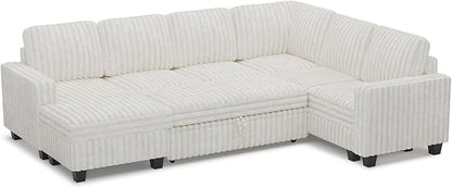 Belffin Corduroy Sleeper Sofa Bed with Storage Chaise Modular Sectional Sofa Couch with Pull Out Bed L Shaped Sectional Couches for Living Room Beige Couch