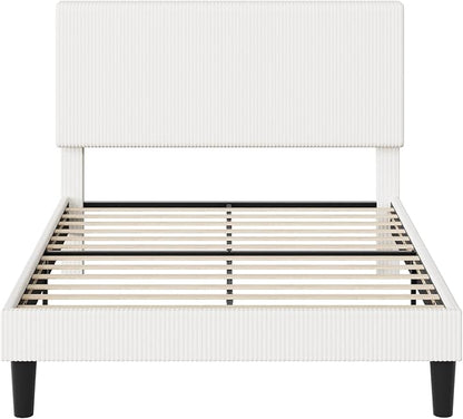 Allewie Queen Size Upholstered Bed Frame with Vertical Channel Tufted Headboard, Soft Corduroy Fabric Platform Bed, Strong Wooden Slats Support, Easy Assembly, No Box Spring Needed, White