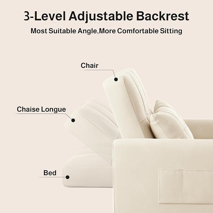 Ahomly Convertible Sofa Bed, 3-in-1 Multi-Functional Sleeper Chair Bed, Adjustable Backrest Recliner with Modern Linen Fabric for Living Room Bedroom Apartment Small Space, Beige