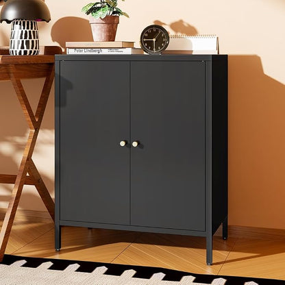 2 Door Metal Accent Storage Cabinet for Home, Living Room, Office Room,Kitchen-Metal Locker Cabinet with 1 Adjustable Shelves-2-Tier (Small 2 Door Cabinet, Black)