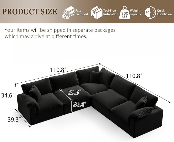 211.6" Cloud Modular Sectional Sofa,Black Down Filled Sofa 5 Seat,Minimalist Sofa Cover Washable and Replaceable Couches for Living Room,Sectional Sofa Deep Seat