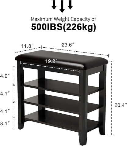 AQIMUELE Shoe Bench with Leather Cushion, 3 Tiers Shoe Storage Bench Height Adjustable, Walnut Wood Entryway Bench for Hallway, Mudroom