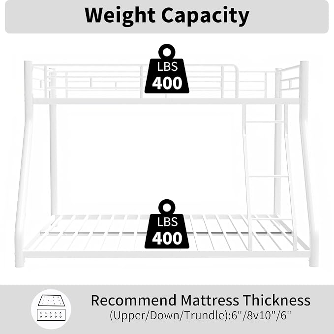Metal Bunk Bed Twin Over Full Size with Removable Stairs, Heavy Duty Sturdy Frame with Full Length Safety Guardrail for Teen & Adults, Teens, No Box Spring Needed (White)
