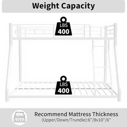 Metal Bunk Bed Twin Over Full Size with Removable Stairs, Heavy Duty Sturdy Frame with Full Length Safety Guardrail for Teen & Adults, Teens, No Box Spring Needed (White)
