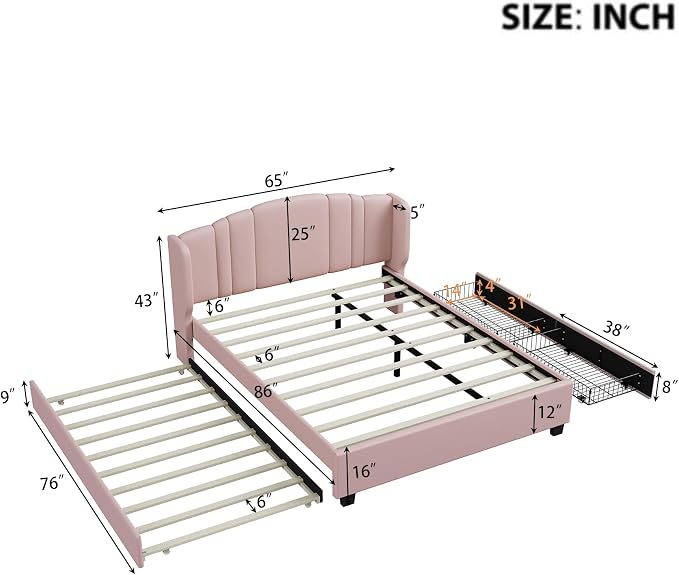 Merax Queen Size Platform Bed Frame with Twin Trundle, Storage 2 Drawers and Upholstered Headboard, No Box Spring Needed