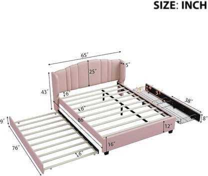 Merax Queen Size Platform Bed Frame with Twin Trundle, Storage 2 Drawers and Upholstered Headboard, No Box Spring Needed