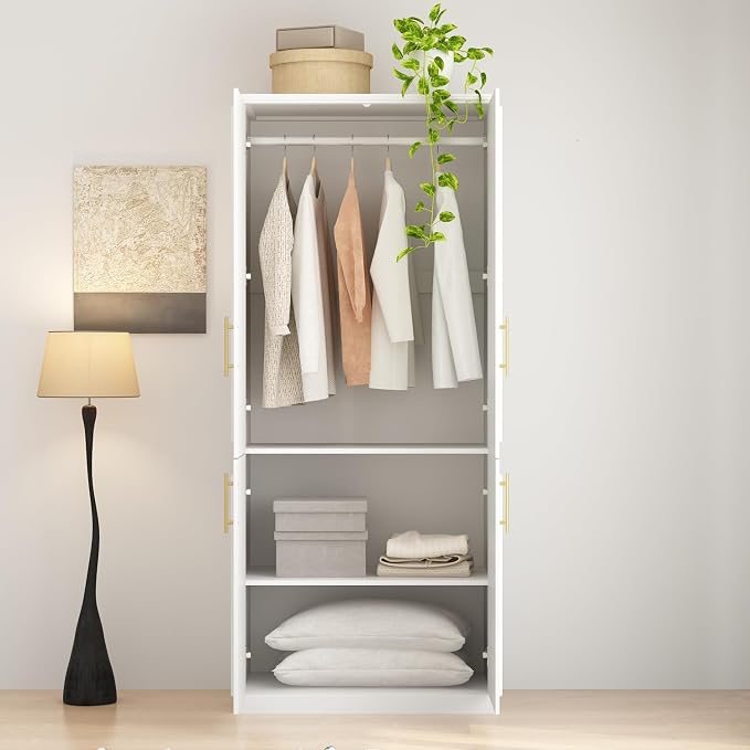 WOODTIME Wardrobe Closet with Hanging Rod, Modern Wooden Armoire with 4 Framed Doors & 3 Large Shelves, Clothes Storage Cabinet Organizer for Bedroom Apartment, White